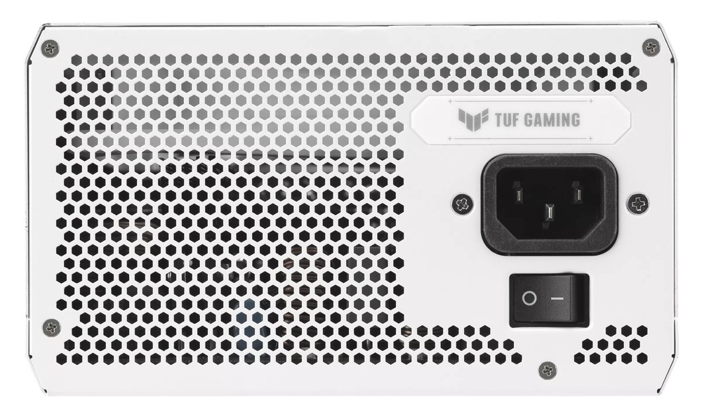 Zdroj Asus TUF Gaming 1000W WHITE 80+ Gold Na snímku je zadní strana s otvory pro větrání a napájecí port s vypínačem.