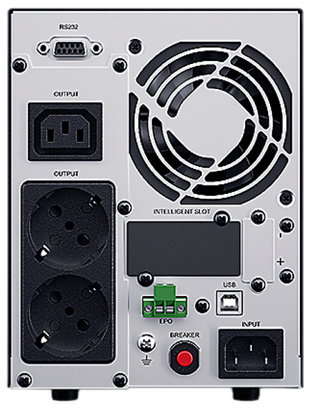 Na obrázku je zadní panel záložního zdroje Cyber Power Systems OnLine S 1000VA/900W (Tower). Vpravo nahoře je velká kruhová mřížka ventilátoru pro chlazení. Vlevo jsou výstupní zásuvky – nahoře jedna obdélníková a pod ní dvojice kulatých zásuvek. Nahoře vlevo je konektor RS232 pro komunikaci, dole uprostřed je USB port a vedle něj malé svorky/port pro doplňkovou komunikaci. Dole je červené tlačítko jističe (BREAKER) a vpravo dole napájecí vstup se spínačem.