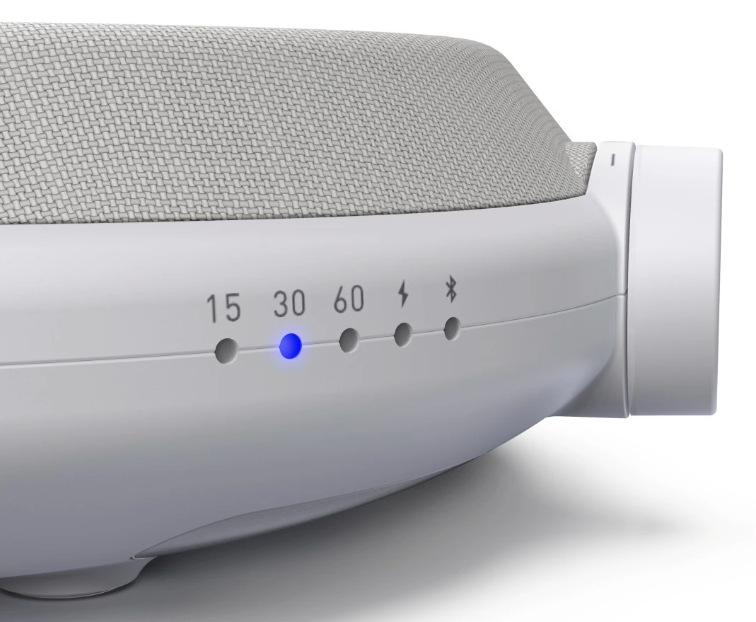 Přenosný reproduktor Hama Calm bílý Detail indikátorů časovače, nabíjení a Bluetooth na reproduktoru Hama Calm