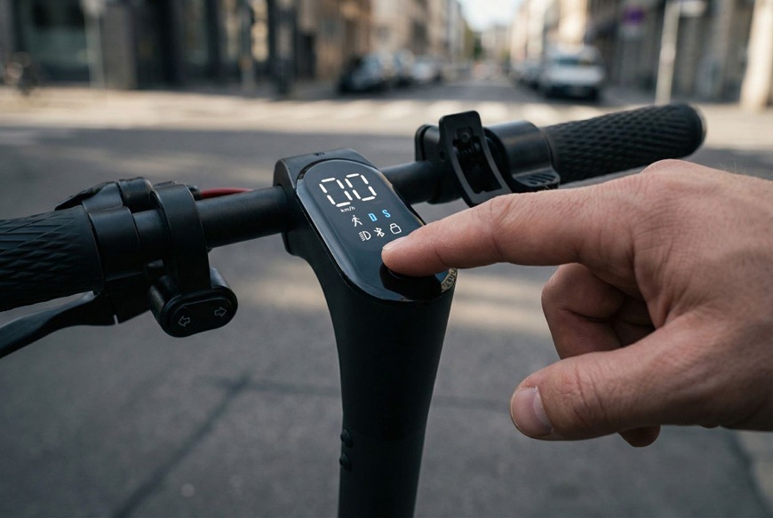 Detail řídítek elektrické koloběžky Sencor SCOOTER S31 s přehledným digitálním displejem zobrazujícím rychlost a stav jízdy. Uživatel ovládá koloběžku jednoduchým dotykem tlačítka přímo na panelu. Rozostřené městské ulice v pozadí podtrhují každodenní využití a intuitivní ovládání během jízdy.
