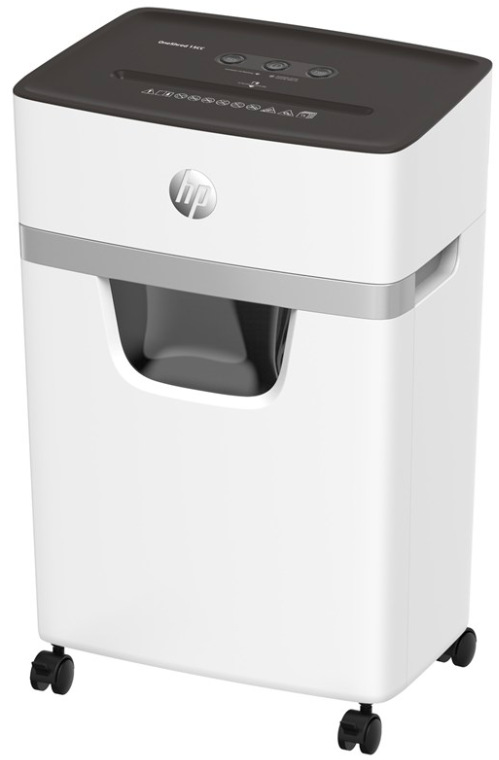 Skartovač HP OneShred 15CC - bílý kancelářský skartovač na kolečkách, přední pohled
