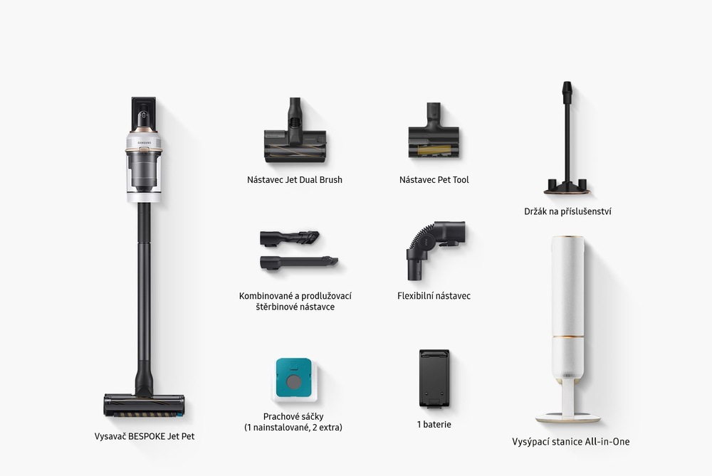 Tyčový vysavač Samsung BESPOKE Jet pet VS20A95823W/GE bílý Tyčový vysavač Samsung BESPOKE Jet pet VS20A95823W/GE s příslušenstvím a nástavci
