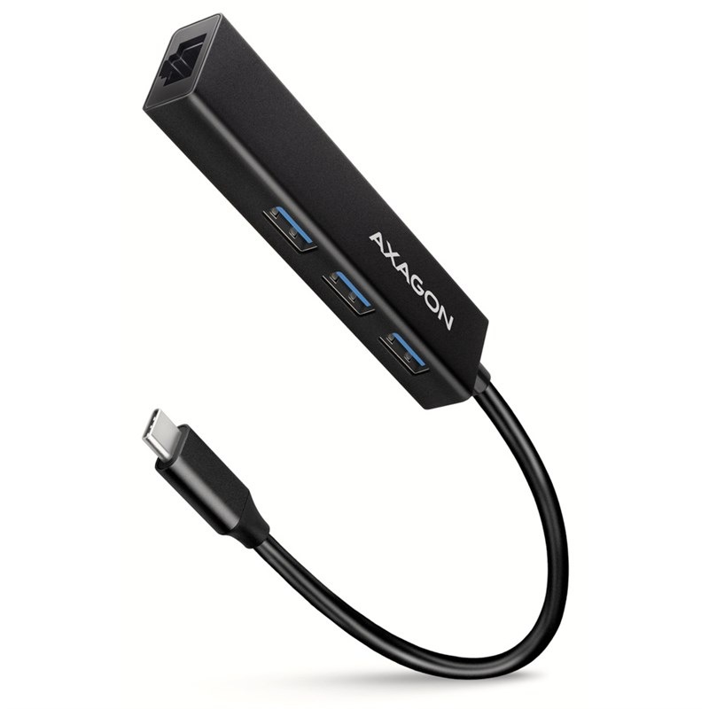 USB Hub Axagon USB 3.2 Gen 1 hub, 3x USB-A + Gigabit Ethernet, kabel USB-C 20cm černý