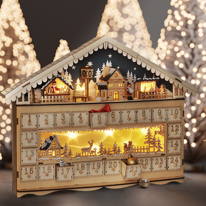 LED dekorace Solight adventní kalnedář - horská chata, 10x LED, 50x40cm, 2x AA Rozsvícený dřevěný adventní kalendář ve tvaru horské chaty Solight