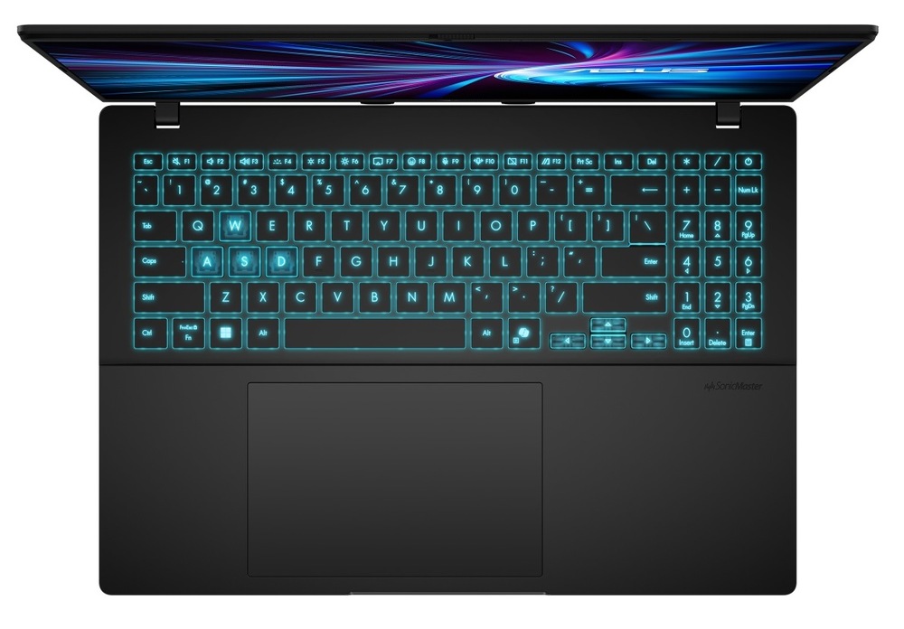 Pohled na modrou klávesnici shora notebooku Asus V16 (V3607VM-RP014)