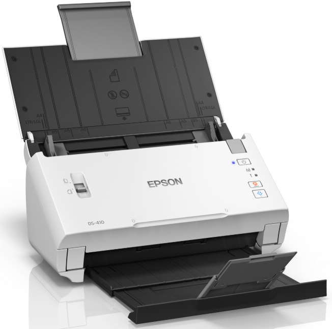 Skener Epson WorkForce DS-410 s vyklopenými zásobníky pro pohodlné podávání dokumentů
