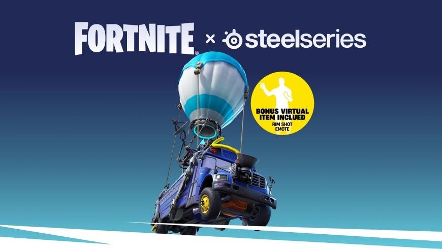 Podložka pod klávesnici a myš SteelSeries QcK XXL Fortnite modrá Grafika Fortnite x SteelSeries s Battle Busem a označením bonusového emote Rim Shot