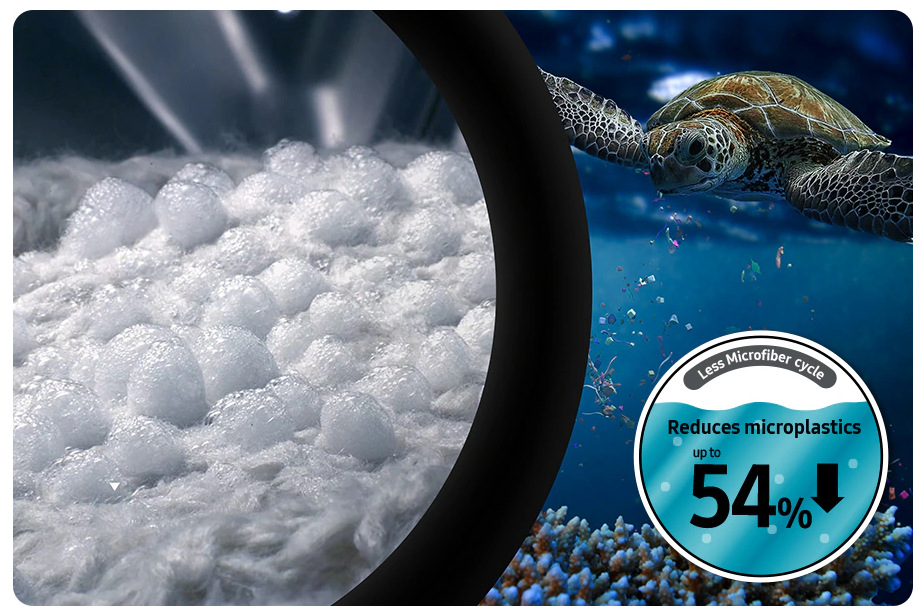 Pračka Samsung WW80CGC04DAELE bílá Pěna z prádla, znázornění mikroplastů v moři se želvou - Less Microfiber