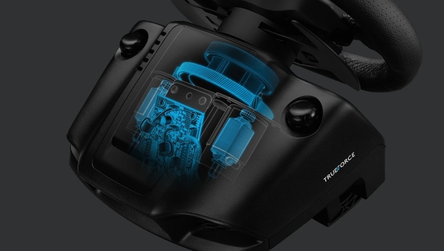 Detailní pohled na vnitřní mechanismus volantu Logitech G923 SE s vyznačeným TRUEFORCE motorem a elektronickými komponenty