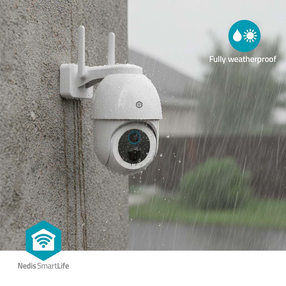 IP kamera Nedis SmartLife WIFICBO51WT, s refletorem bílá Díky vodotěsnému krytu IP65 je chytrá kamera Nedis SmartLife chráněna před vodou, a proto ji můžete namontovat na vnější fasádu.