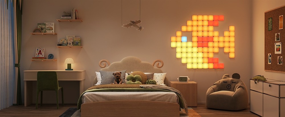 Nástěnné svítidlo Govee Smart mini RGBIC panely, Matter (10 ks) bílé LED panely na stěně v dětské ložnici.
