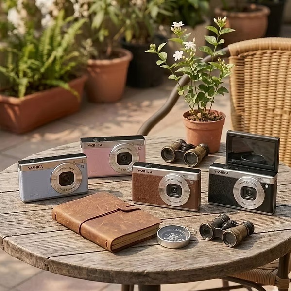 Digitální fotoaparát Yashica Tank modrý Fotoaparáty Yashica Tank v několika barevných provedeních vystavené na dřevěném stole s doplňky