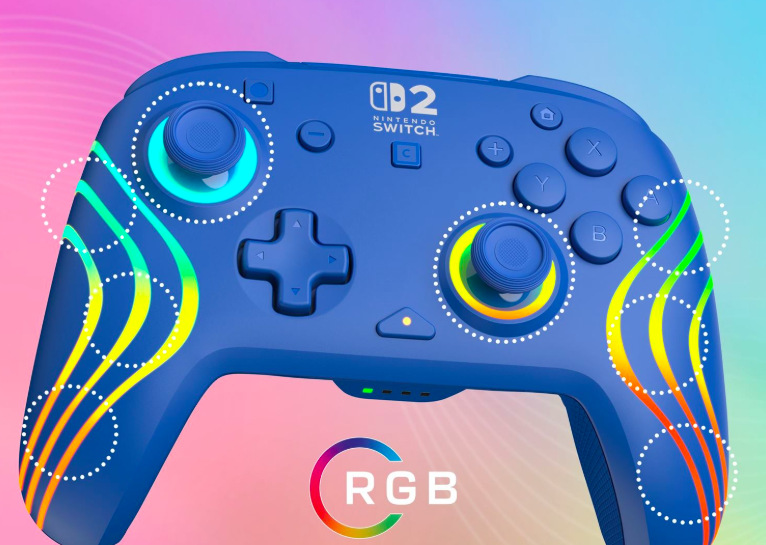 Osm samostatných RGB zón modrého gamepadu Afterglow Wave s barevnými efekty