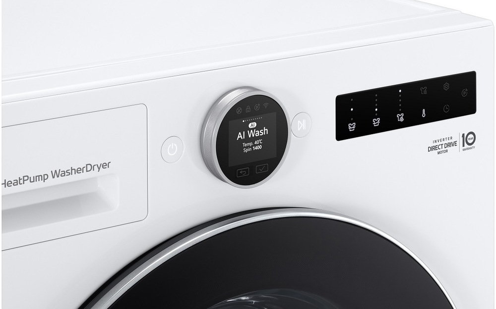Pračka se sušičkou LG WHX9096TLC bílá Detailní pohled na ovládací panel pračky LG s displejem AI Wash a stříbrným voličem.