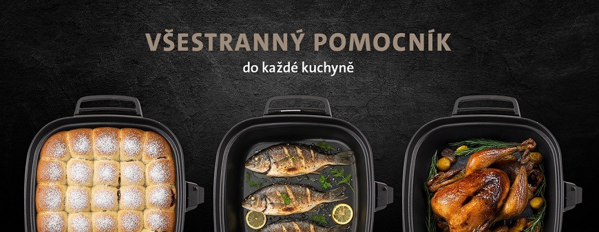 Ukázka multifunkčnosti ETA Pečenky Family: pečená kachna, tradiční české buchty a tři grilované ryby s citronem v čtvercové nádobě na tmavém pozadí s textem: Všestranný pomocník do každé kuchyně