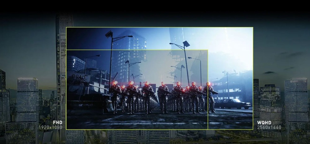 Herní monitor MSI MAG 274QRFW E20 bílý Dystopická městská krajina s futuristickými vojáky ve formaci, zářícíma rudýma očima, pod temnou, zlověstnou oblohou. Překrývající se živé porovnání rozlišení displeje.