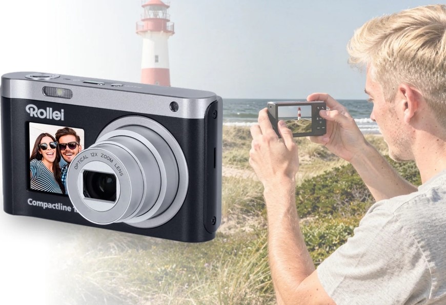 Digitální fotoaparát Rollei Compactline 12X černý Muž fotografující maják u moře s fotoaparátem Rollei Compactline 12X