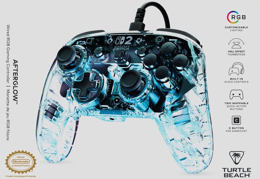 úvodní obrázek gamepadu Turtle Beach Afterglow Wired RGB, vedle něho jsou v bodech anglicky vypsané nejdůležitější funkce.