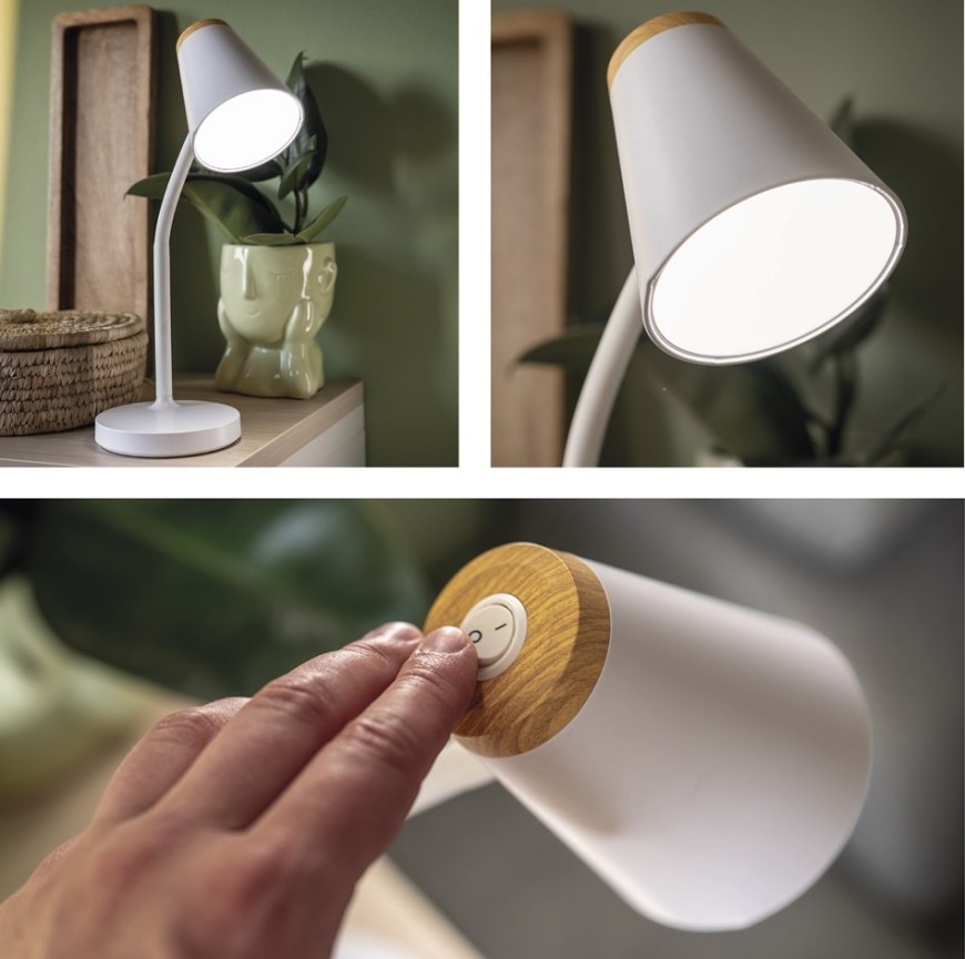Koláž fotografií stolní LED lampičky EMOS Tara v bílé barvě