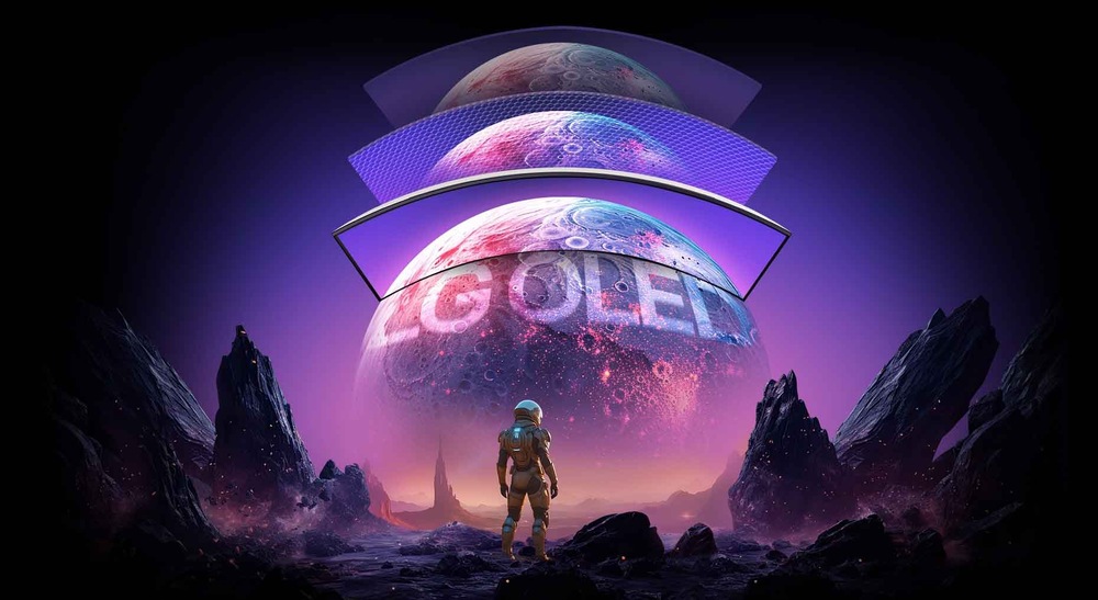 Monitor LG 45GX90SA-B černý Osamělý astronaut stojí před zářivou, vrstevnatou planetou s nápisem „LG OLED“. Scéna se odehrává v tajemné, skalnaté mimozemské krajině.