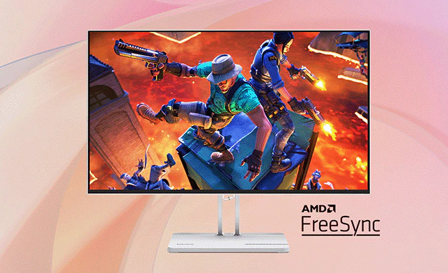 Zapnutý monitor Lenovo L27-4C 27" s akční hrou