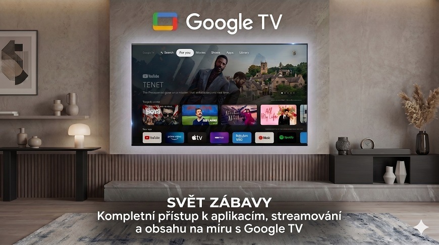Televize Haier v obýváku s domovskou obrazovkou google tv