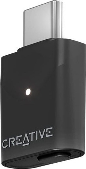 Transmitter Creative BT-W6 Bluetooth USB-C černá Boční pohled na černý Bluetooth transmitter Creative BT-W6 s konektorem USB-C, LED kontrolkou a ovládacím tlačítkem.