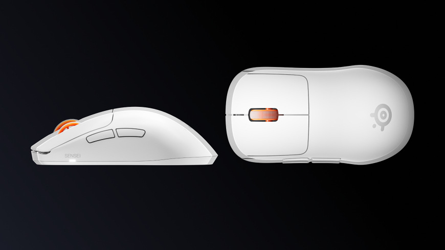 Myš SteelSeries Sensei Pro WL bílá Bílá myš SteelSeries Sensei Pro z boku a shora s viditelnými bočními tlačítky