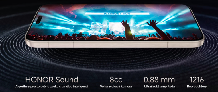 Reproduktory HONOR Magic8 Pro s technologií HONOR Sound a zvukovou komorou 8 cc