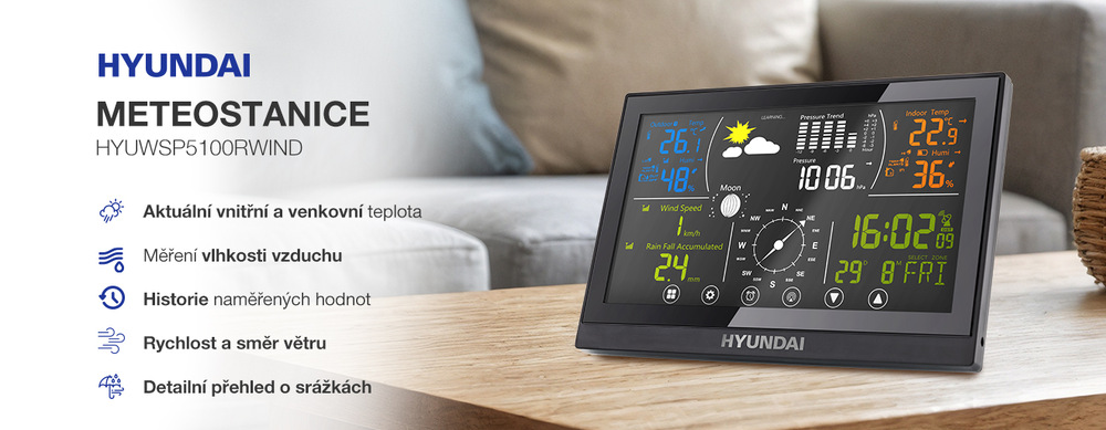 Meteorologická stanice Hyundai WSP 5100 RWIND černá Meteostanice Hyundai 5100 zobrazuje vnitřní a venkovní teplotu, vlhkost vzduchu, historii hodnot a rychlost i směr větru. Elegantní černý design na dřevěném stole v interiéru