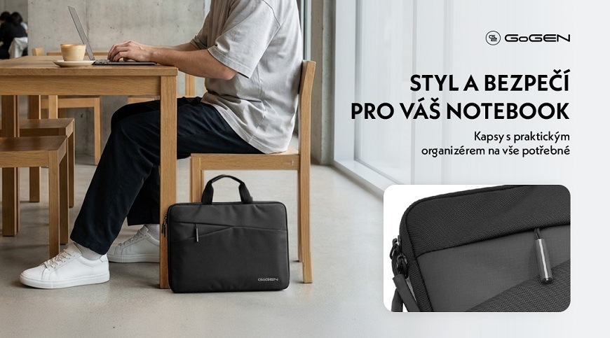 Pouzdro na notebook GoGEN Sleeve Pro 13/14" černé Černá brašna na notebook GoGEN položená u židle v kavárně, detailní záběr na kapsu s organizérem a text 'Styl a bezpečí pro váš notebook'