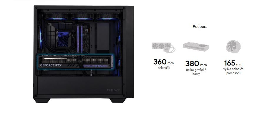 Case Asus A21 PLUS TG ARGB černá Elegantní černá skříň počítače s viditelnými vnitřními komponenty, včetně grafické karty GeForce RTX a chladicích ventilátorů s modrými LED diodami. Vpravo je uveden text označující podporu pro 360mm radiátor, 380mm grafickou kartu a 165mm výšku chladiče CPU.