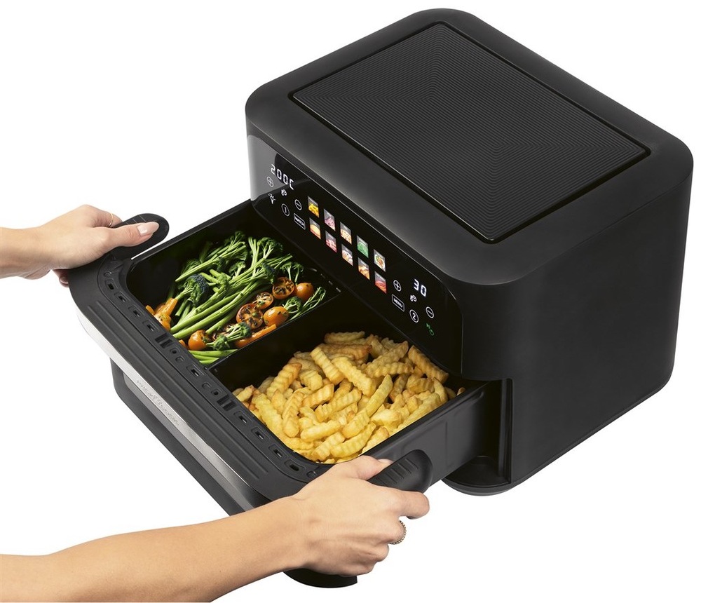 Fritéza horkovzdušná Profi Cook FR 1313 H černá Použití duální horkovzdušné fritézy ProfiCook PC-FR 1313 H s rozdělenou nádobou 2 × 5 l při současné přípravě hranolků a zeleniny