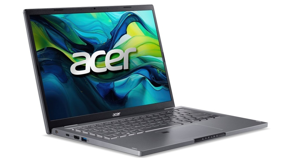 Notebook Acer Aspire 14 (A14-51M-33LA) šedý Otevřený a zapnutý notebook Acer Aspire 14 (A14-51M-33LA) natočený doprava