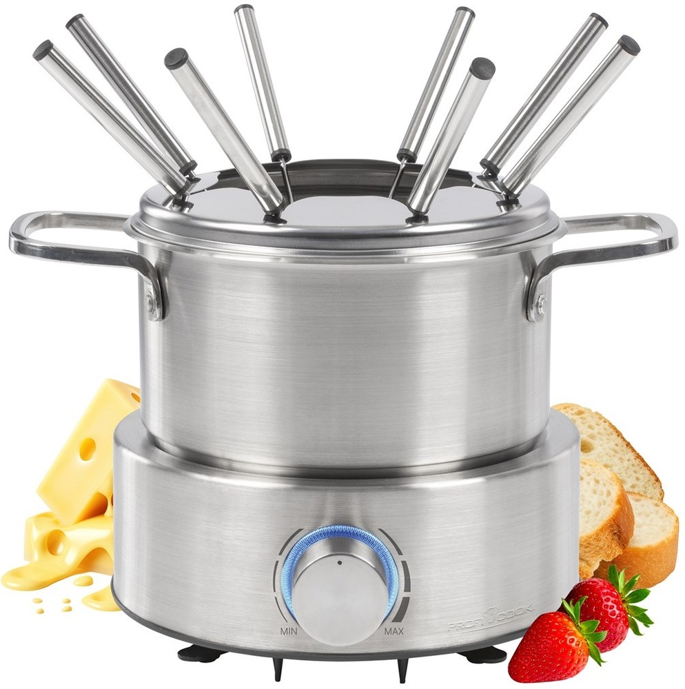 Fondue Profi Cook FD 1288 nerez Fondue ProfiCook FD 1288 z čelní strany s vidličkami a ukázkou jídel vhodných na přípravu