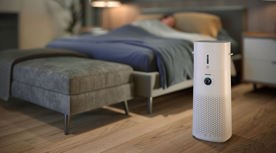 Čistička vzduchu Philips AC3737/10 Series 3000 stojící na podlaze v ložnici