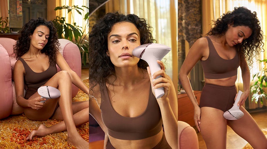 Jedna žena používá epilátor Philips IPL Lumea 9900 na tělo, tvář a citlivé partie.