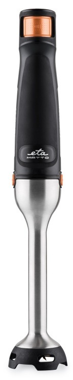 Ponorný mixér ETA Matto 1073 93000 černý Detailní pohled na tyčový mixér ETA Matto s nerezovou mixovací nohou a ergonomickou černou rukojetí s oranžovými detaily.