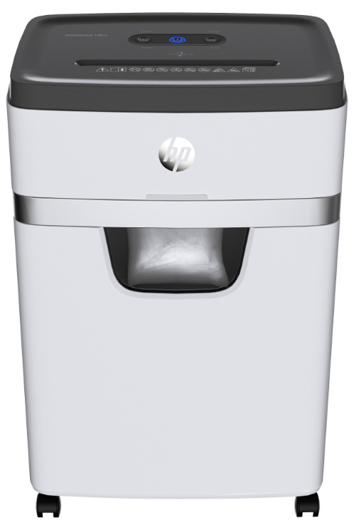 Přední pohled na skartovač HP OneShred 18CC s průhledovým okénkem koše