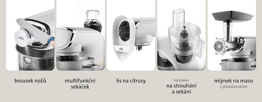 Přehled příslušenství pro kuchyňský robot ETA Gratus Evo Max II: brousek nožů, multifunkční sekáček, lis na citrusy, nástavec na strouhání a mlýnek na maso