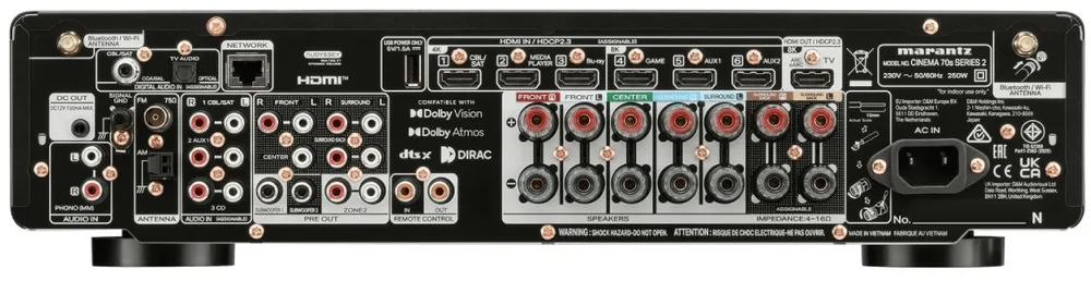 Zadní panel AV Receiveru Marantz Cinema 70S S2 s HDMI, audio a reproduktorovými konektory