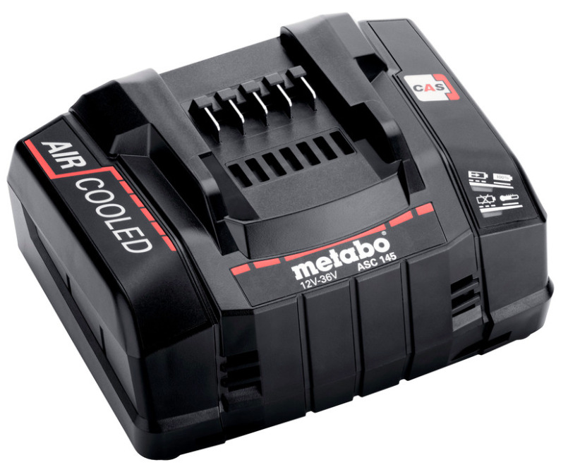 Detail rychlonabíječky Metabo ASC 145 kompatibilní s 12V až 36V akumulátory CAS systému