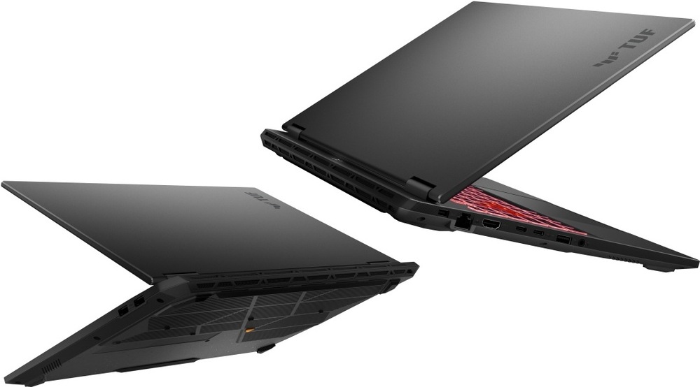 Notebook Asus TUF Gaming A16 šedý Pohled na částečně otevřený notebook TUF Gaming A16 zprava a zleva