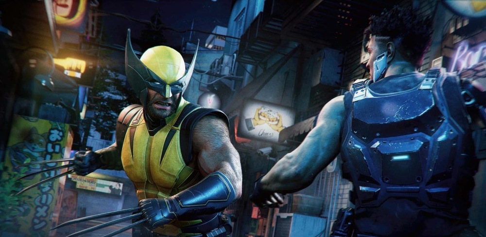 Wolverine ve svém ikonickém žlutém oblečku s vytaženými drápy a nepříčetným výrazem ve tváři čelí jiné postavě v brnění.