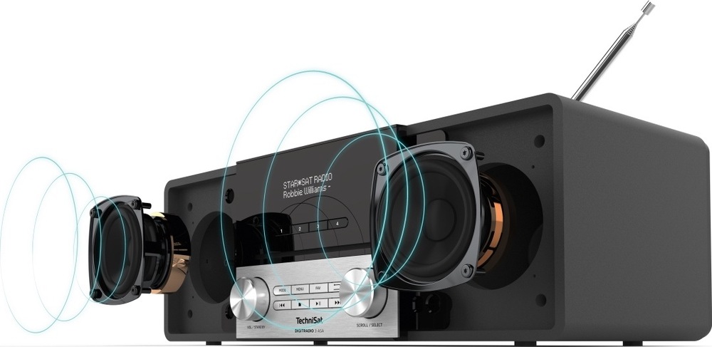 Radiopřijímač DAB+/CD TechniSat DIGITRADIO 3 ASA černý/stříbrný Ilustrace radiopřijímače TechniSat s odkrytým čelním panelem a dvojicí vnitřních reproduktorů. Modré kružnice znázorňují šíření stereofonního zvuku.