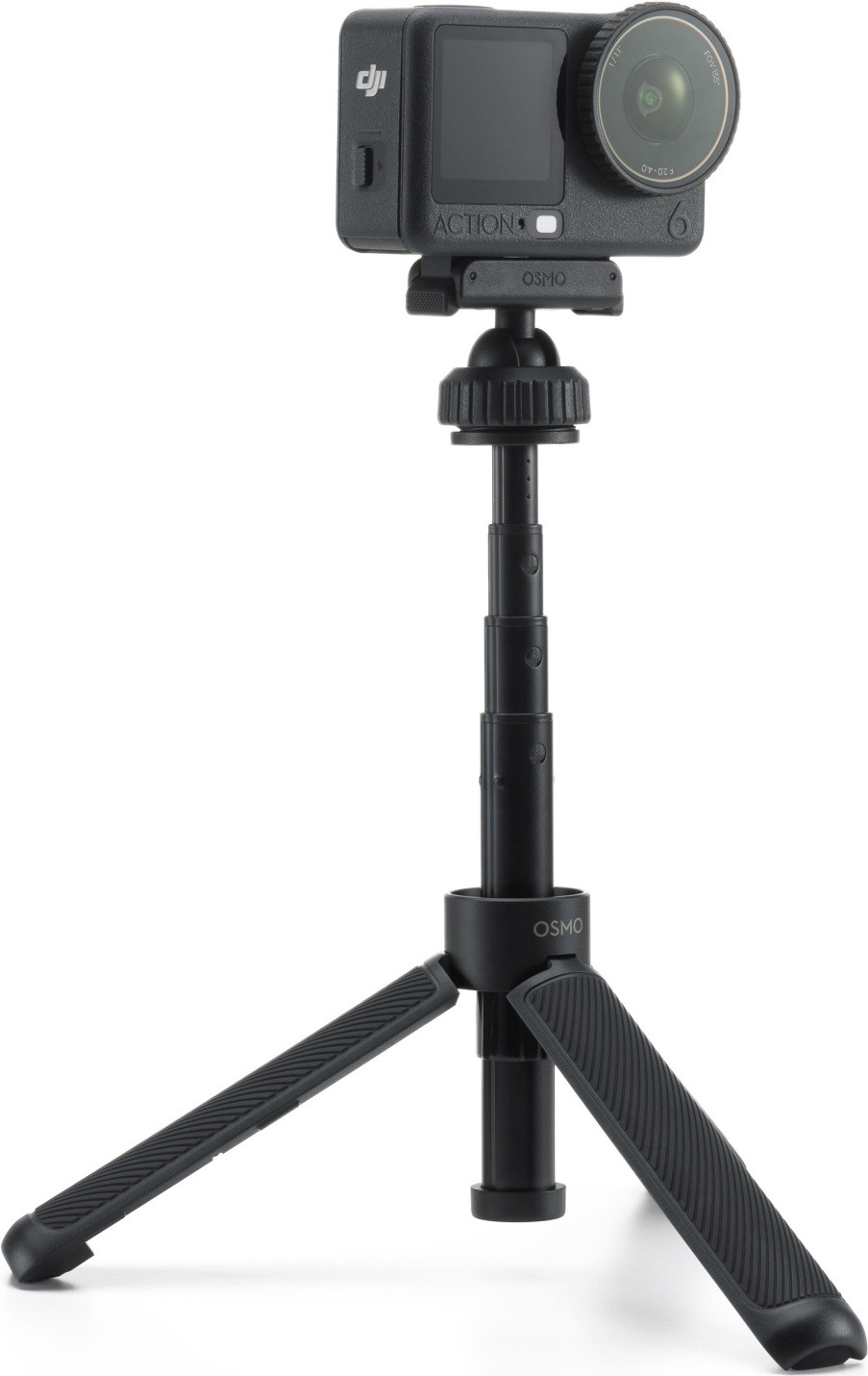 Stativ DJI Osmo Action Dual-Direction Mini Extension Rod černý Stativ Dual-Direction Mini Extension Rod v rozložené poloze se 3 nožičkami a s připevněnou kamerou