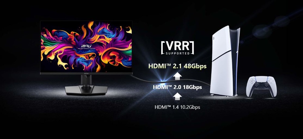  Vedle bílé herní konzole a ovladače je zářivý monitor s vířícími barvami. Text zdůrazňuje podporu VRR se specifikacemi HDMI pro připojení.
