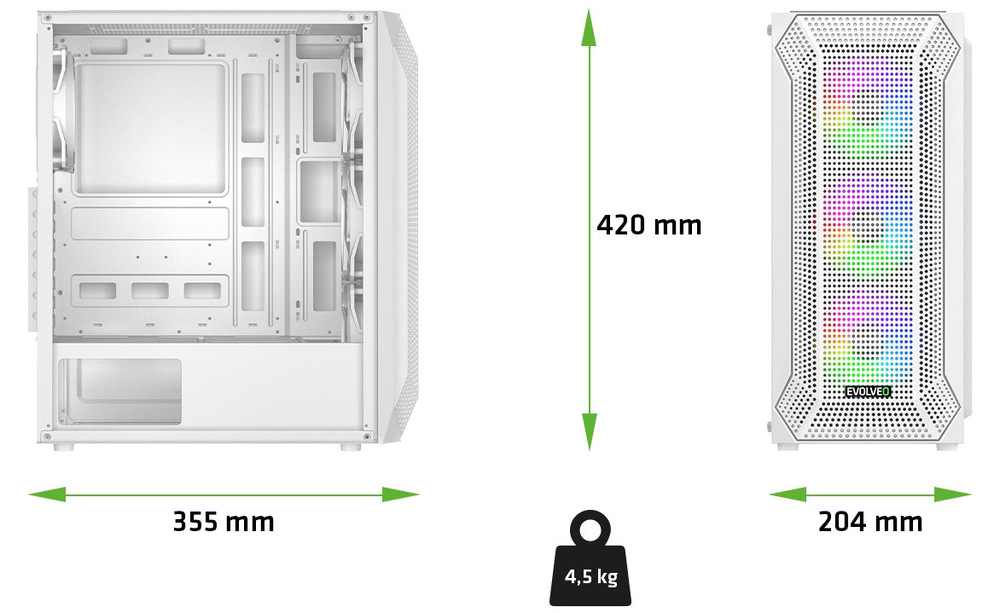 Přední panel s ARGB ovládáním, USB porty a stabilní konstrukcí nabízí pohodlí i snadné používání