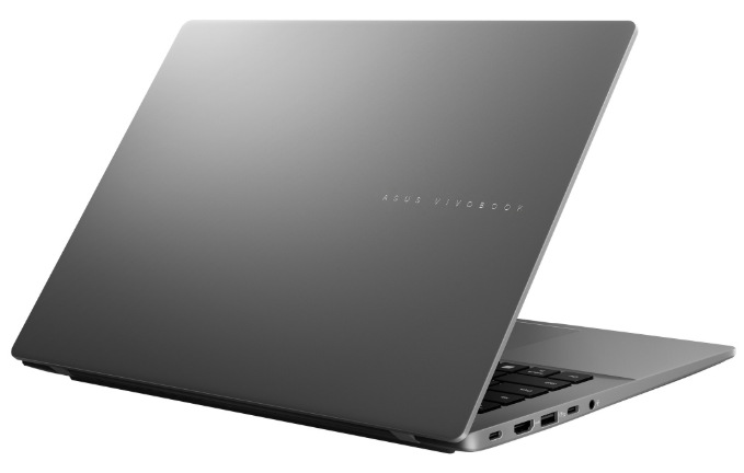 Zadní pohled na ASUS Vivobook S14 s hliníkovým víkem a levými konektory