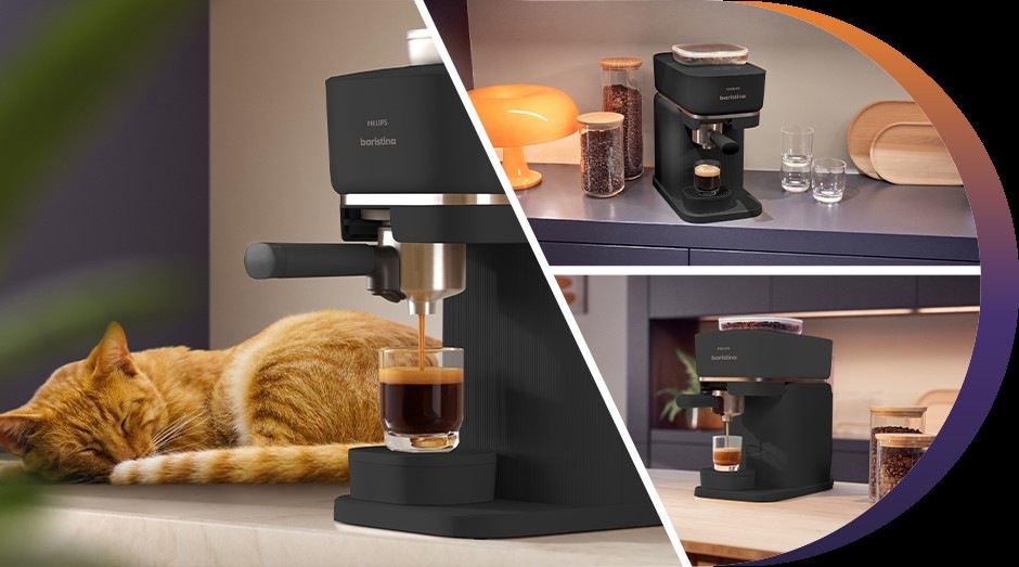 Pákový kávovarPákový kávovar Philips BAR300/60 Baristina na kuchyňské lince vaří kávu a vedle spící kočka
